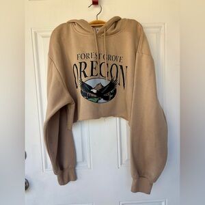 Women Forest Grove Oregon Tan Hoodie. Long Sleeve Cropped Graphic Shirt Size L